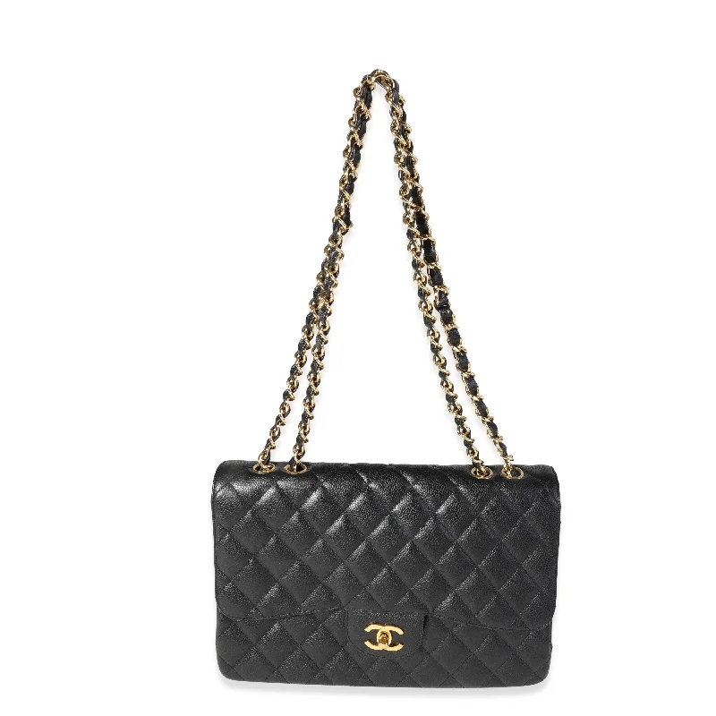 Chanel bags with intricate metal hardwareCHANEL Black Quilted Caviar Jumbo Classic Single Flap Bag