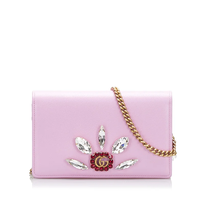 Women Gucci bags with a snap - button closure and a decorative charmGucci GG Marmont Crystal Wallet on Chain Crossbody Bag