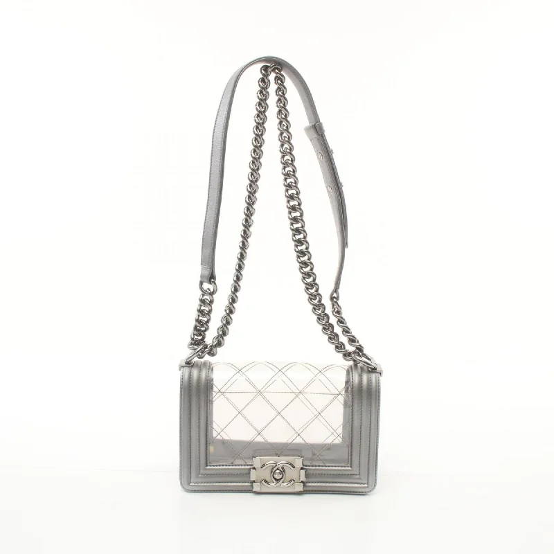 Chanel Designer Handbag with Unique DesignCHANEL Boy Chanel Shoulder Bag Vinyl Lambskin Women's Clear Silver