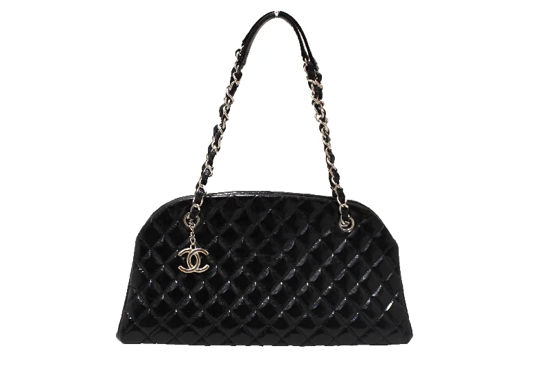 Chanel bags with gold, silver, and pearl accentsChanel Black Patent Quilted Medium Just Mademoiselle Bowling Bag