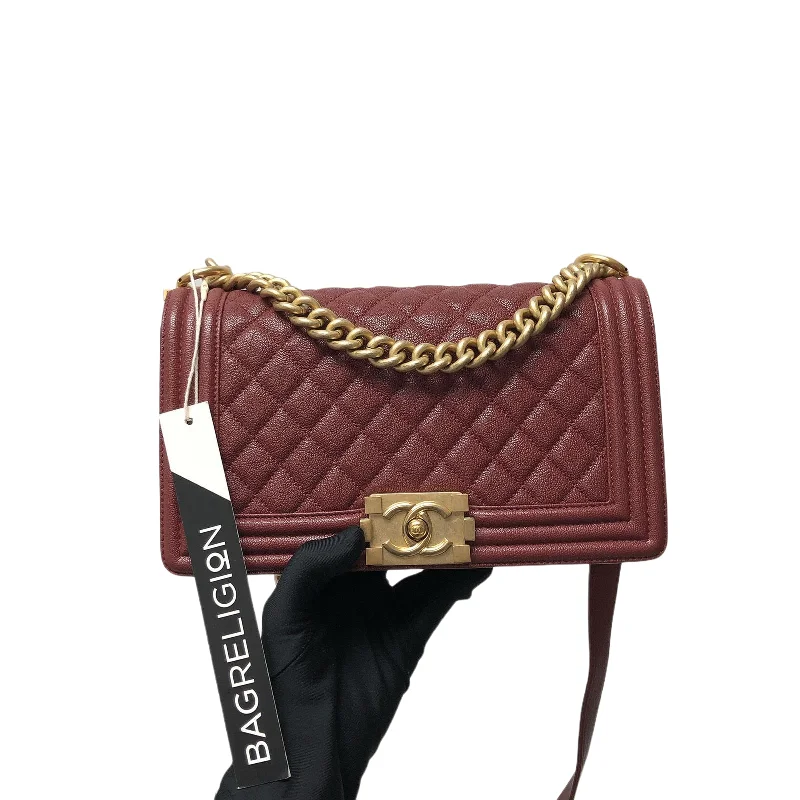 Chanel All - Match Handbag for Versatile StylingQuilted Caviar Old Medium Boy Bag Red