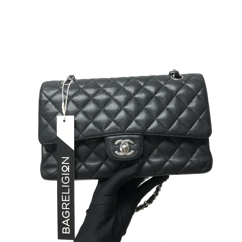 Chanel bags with iconic gold chainsClassic Double Flap Caviar M/L in Black SHW