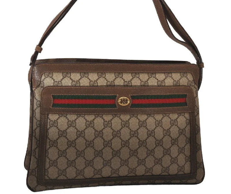 Women Gucci bags with a detachable mobile phone holderAuthentic GUCCI Web Sherry Line Shoulder Bag GG PVC Leather Brown Junk 9241I