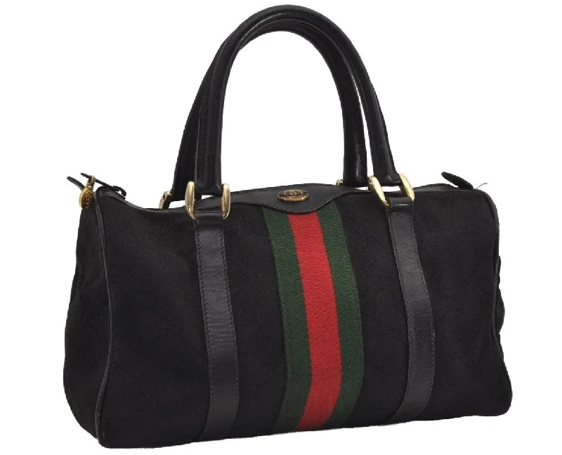 Gucci tote bags for women with a water - resistant coatingAuthentic GUCCI Web Sherry Line Hand Boston Bag GG Canvas Leather Black 9315I