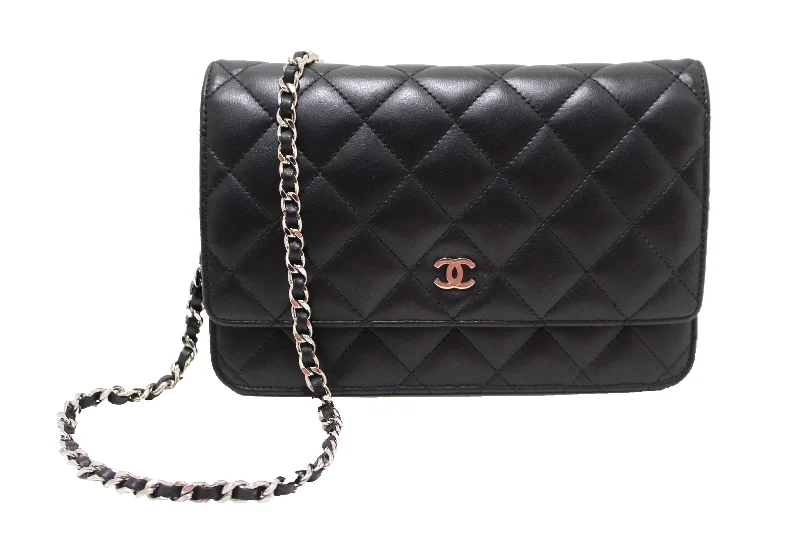 Chanel Designer Handbag with Unique DesignChanel Black Quilted Lambskin Leather Wallet On Chain WOC Messenger Bag