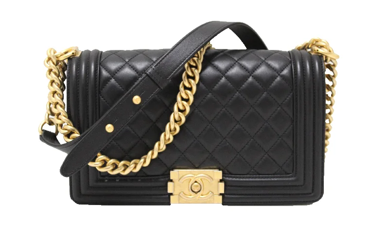 Chanel bags with adjustable chain strapsChanel Black Quilted Lambskin Leather Medium Boy Shoulder Bag