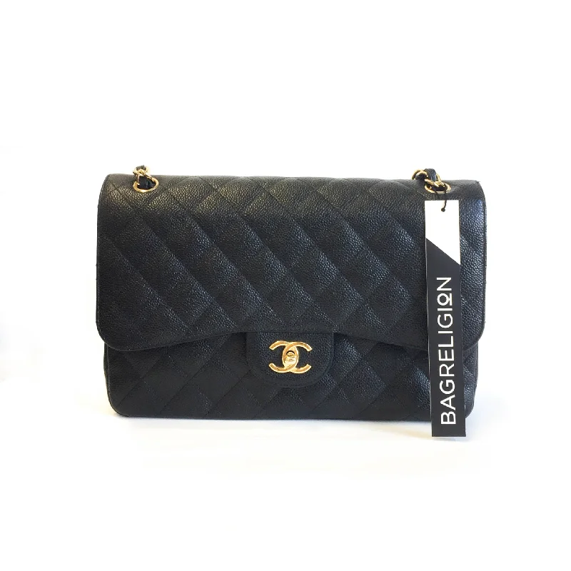 Chanel bags with exclusive seasonal designs and materialsDouble Flap Jumbo in Black Caviar Leather