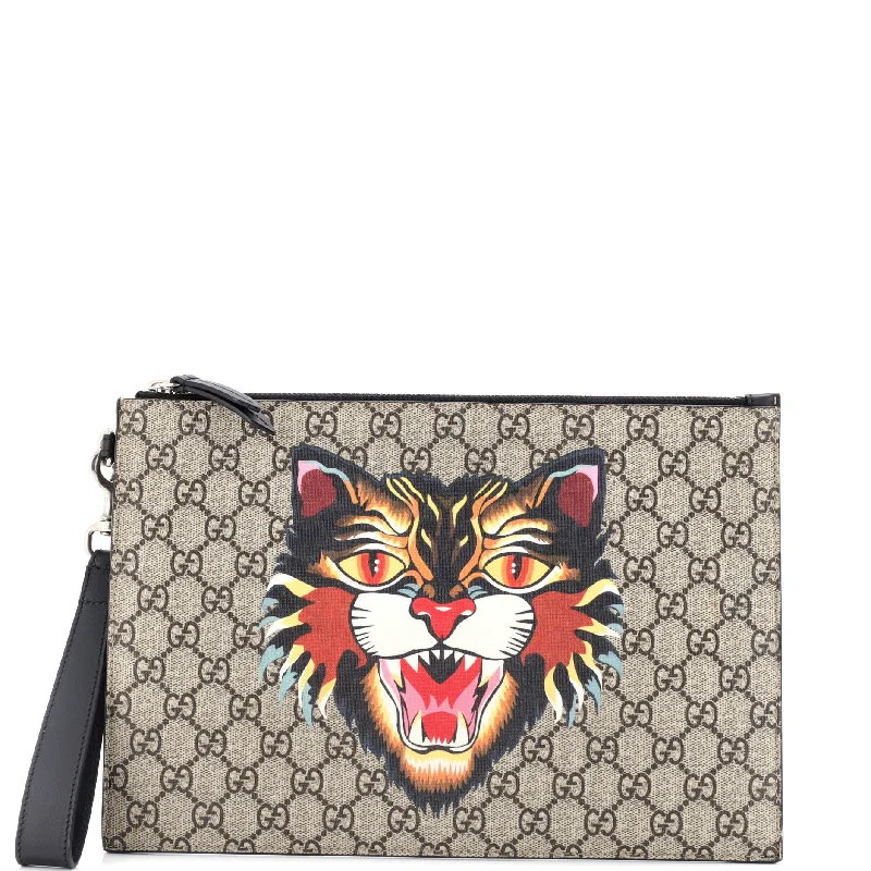 Gucci crossbody bags for women with adjustable leather strapsZipped Pouch Angry Cat GG Coated Canvas Large