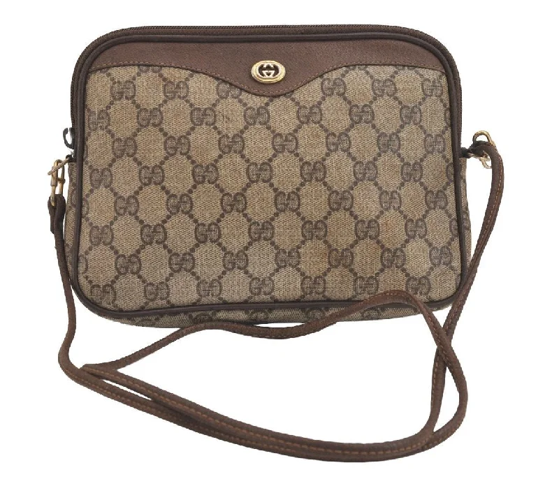 Ladies Gucci Dionysus bags with a chain - link shoulder strapAuthentic GUCCI Shoulder Cross Body Bag GG PVC Leather Brown Junk 4436J