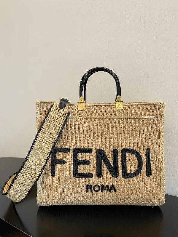 Fendi Baguette bags with a detachable charm featuring the brand's mascotFendi Sunshine Medium Beige and Black straw shopper Bag