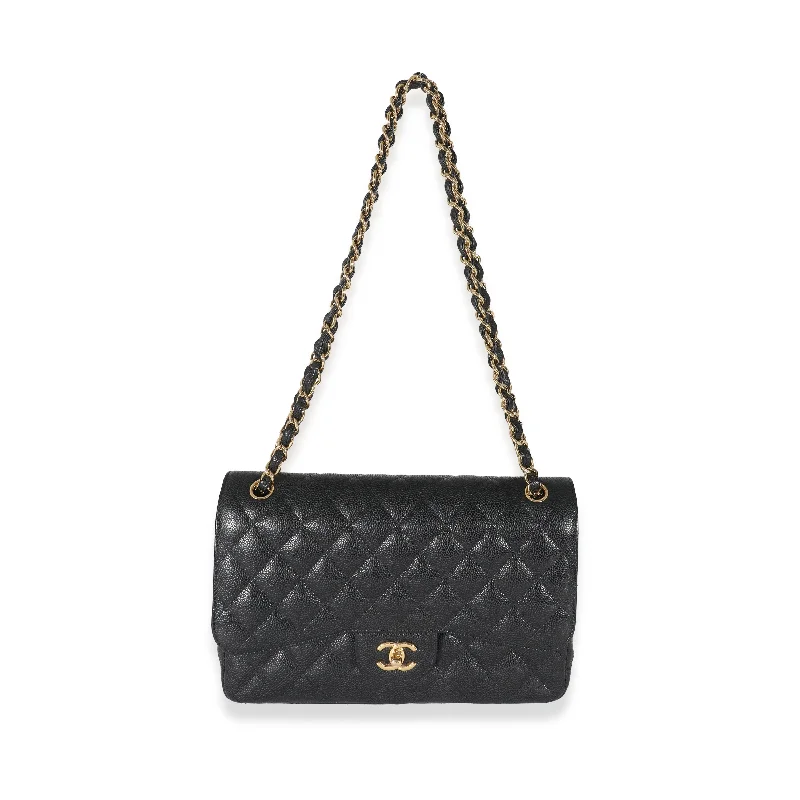 Chanel bags with leather and tweed combinationsCHANEL Black Quilted Caviar Jumbo Double Flap Bag