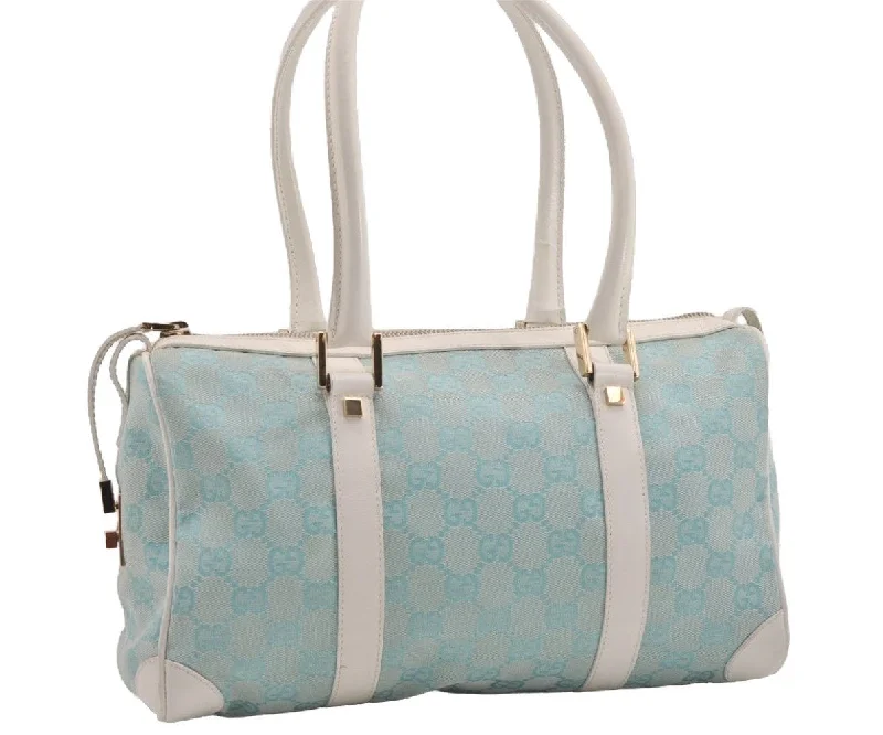 Ladies Gucci shoulder bags with a wide - width strapAuthentic GUCCI Hand Boston Bag Purse GG Canvas Leather 0000851 Light Blue 9275I