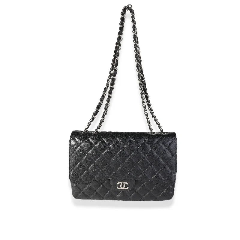 Chanel bags with chain and leather strap combinationsCHANEL Black Quilted Caviar Jumbo Classic Single Flap Bag