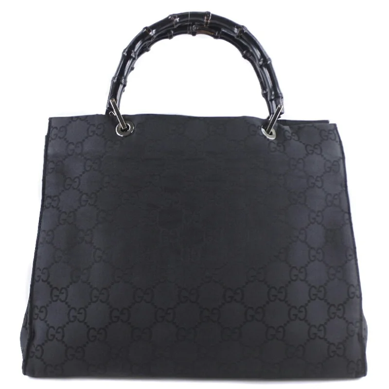 Women Gucci bags with interlocking G hardware for a classic lookGucci Bamboo 002-1010 GG Canvas Black Unisex Tote Bag