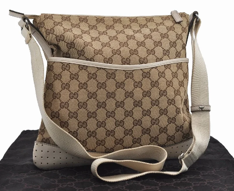 Women Gucci bags with a snap - button closure and a decorative charmAuthentic GUCCI Shoulder Cross Body Bag GG Canvas Leather 145857 Brown 9286I