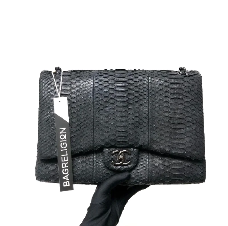 Chanel New Arrival Handbag with Gold HardwareMaxi Double Flap Python Leather in Black RHW