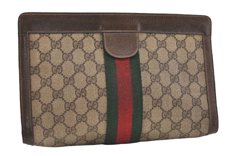 Women Gucci Sylvie bags with a leather - wrapped handleAuthentic GUCCI Web Sherry Line Clutch Hand Bag Purse GG PVC Leather Brown 5739J