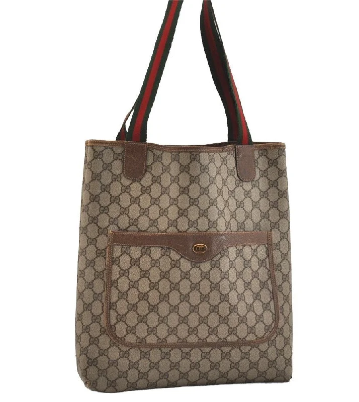 Women Gucci bags with a front - zip pocket for small itemsAuthentic GUCCI Web Sherry Line Shoulder Tote Bag GG PVC Leather Brown 5741J