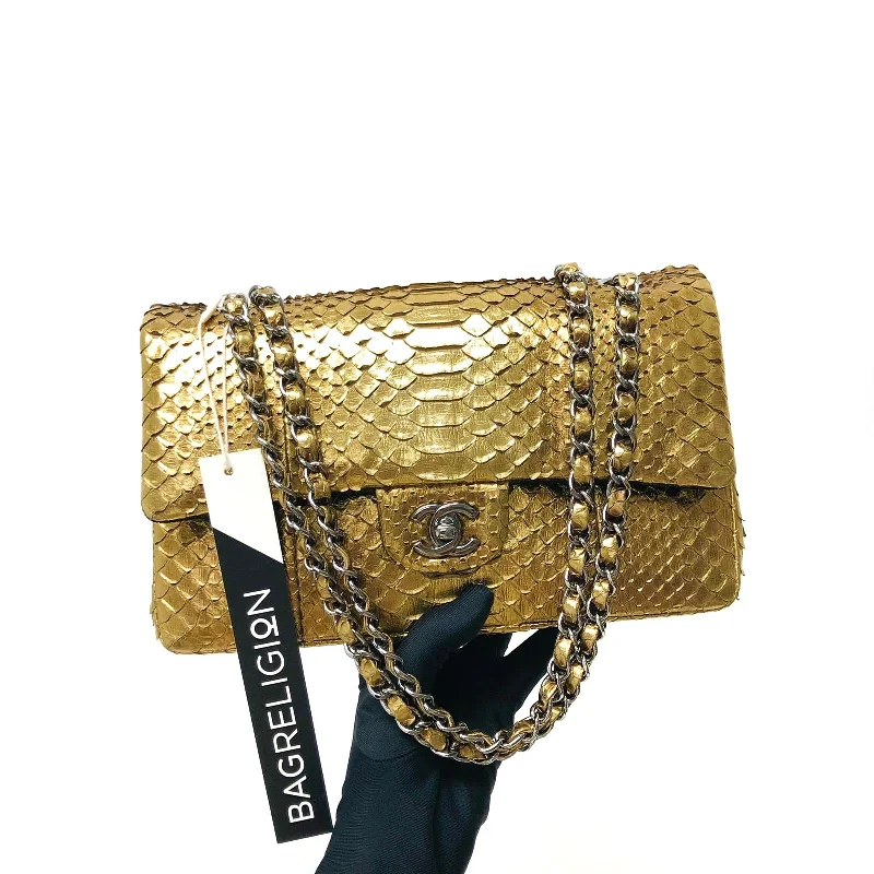 Chanel Lightweight Handbag for Daily ErrandsClassic Double Flap Gold M/L Python Bag with RHW