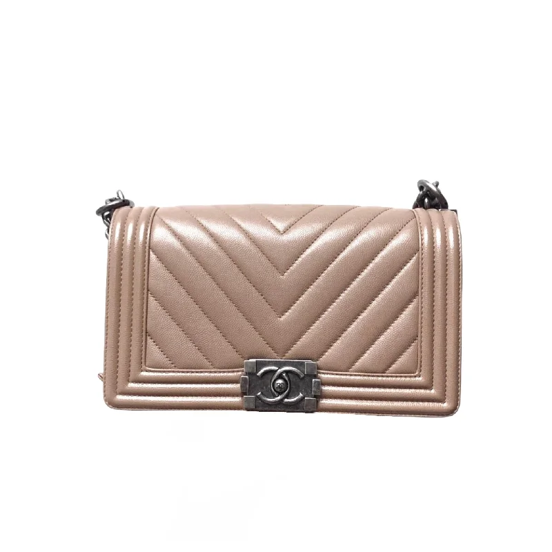 Chanel Chain Strap Handbag for Everyday UseCaviar Beige Boy Medium with Ruthenium Hardware