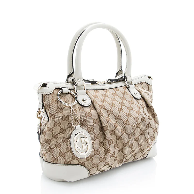 Women Gucci Sylvie bags with a crystal - embellished web stripeGucci GG Canvas Sukey Top Handle Medium Satchel (SHF-18880)