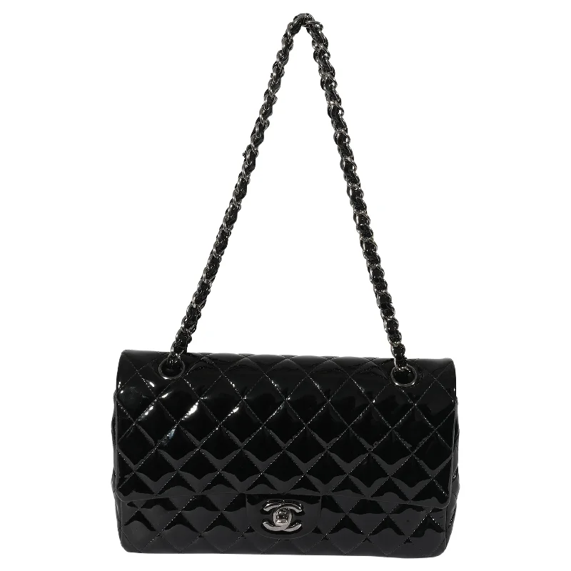 Chanel bags with intricate metal hardwareCHANEL Black Patent Medium Classic Double Flap