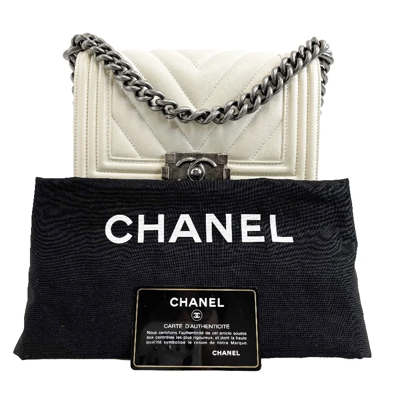 Chanel Black Handbag for Business MeetingsCHANEL Boy Flap Chevron Quilted White Shoulder Bag Mini