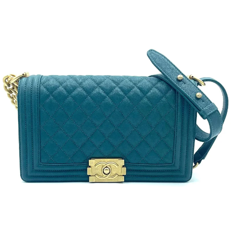 Chanel bags with iconic gold chainsCHANEL Boy Chanel ChainShoulder Bag Green Caviar Skin (Grained Calf)