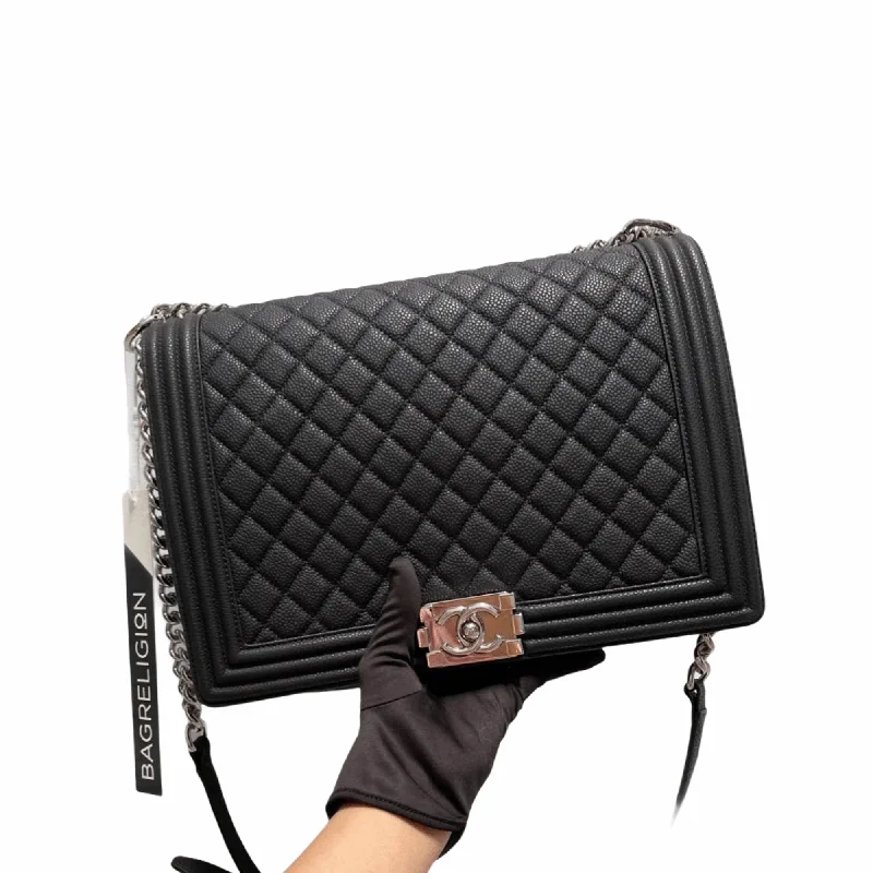 Chanel bags with chain and leather strap combinationsLarge Black Le Boy Quilted Caviar Leather