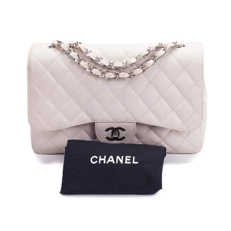 Chanel Handbag with Adjustable Strap for ComfortSingle Flap Caviar Jumbo in Light Beige w/ Silver Hardware