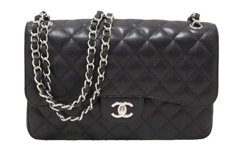 Chanel bags with intricate metal hardwareChanel Black Quilted Caviar Leather Classic Jumbo Double Flap Bag