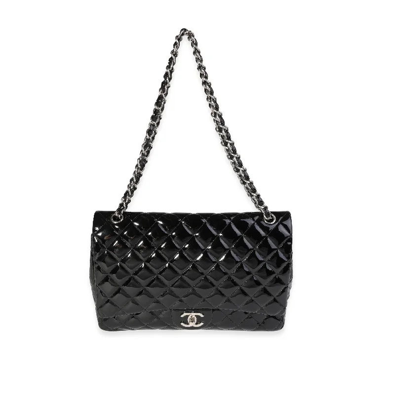 Chanel bags with leather and tweed combinationsCHANEL Black Quilted Patent Leather Maxi Classic Double Flap Bag