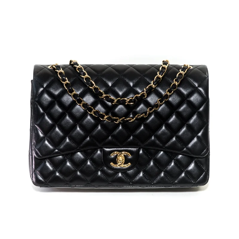 Chanel bags with leather and tweed combinationsDouble Flap Maxi in Black Lambskin with GHW