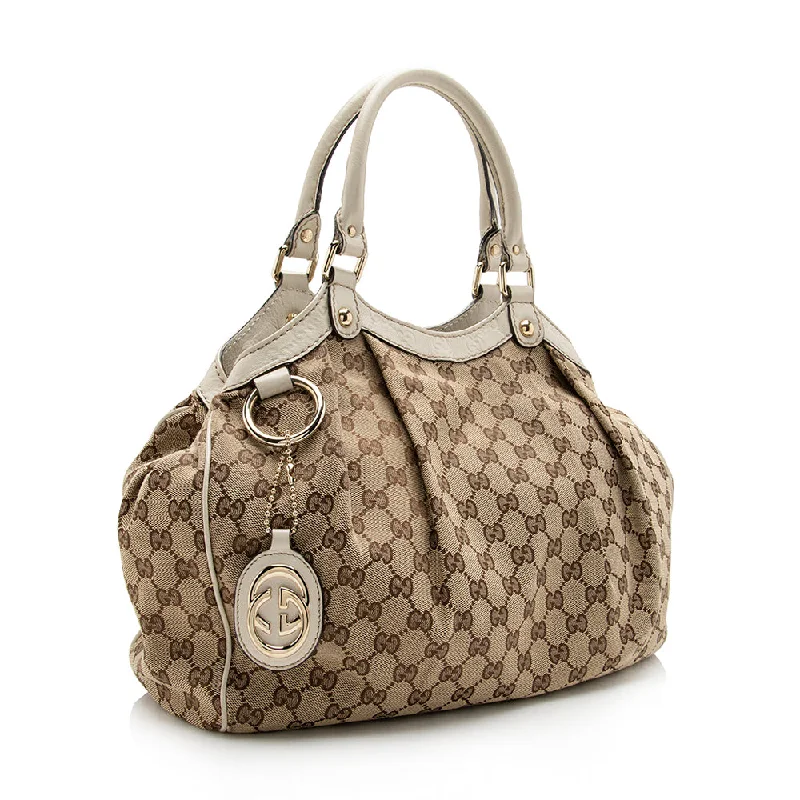 Gucci handbags for women with a patent - leather finishGucci GG Canvas Sukey Medium Tote (15378)