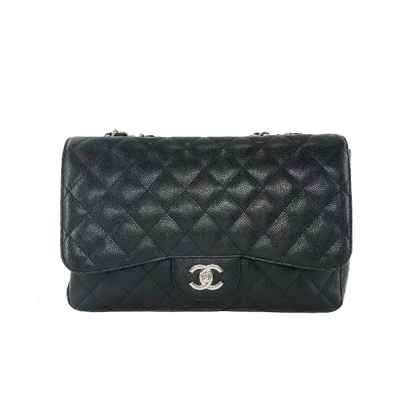 Chanel bags with iconic stitching detailsSingle Flap Classic Jumbo in Black Caviar with SHW