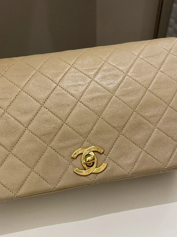 Chanel bags with chain and leather strap combinationsChanel Vintage Quilted Full Flap Bag Beige Lambskin