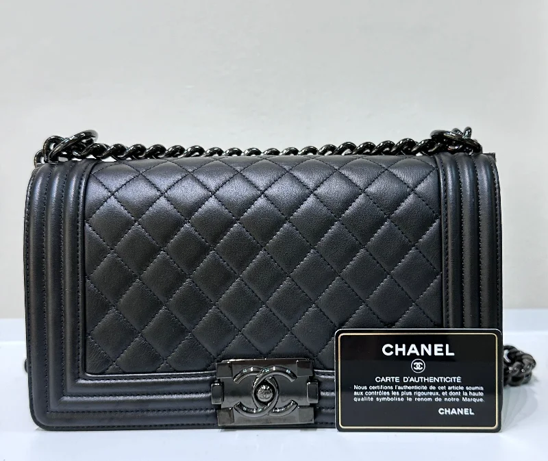 Chanel bags available at online luxury retaileChanel Boy Medium So Black Calfskin Bag