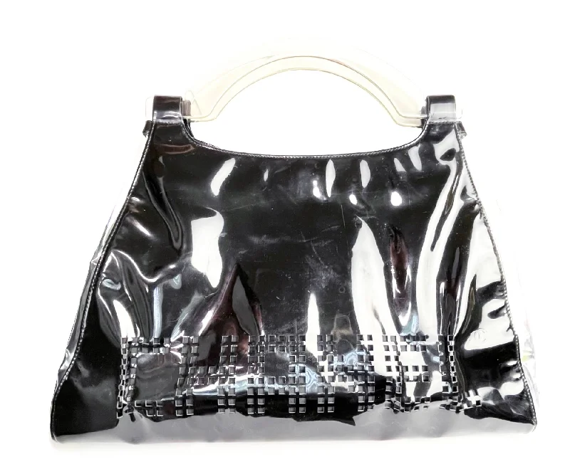 Chanel bags with chain and leather strap combinationsCHANEL Black Patent Leather Punch Hole Clear Handle XXL Handbag