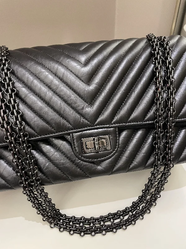 Chanel bags with intricate metal hardwareChanel 2.55 226 So Black Chevron Reissue Double Flap Black Aged Calfskin