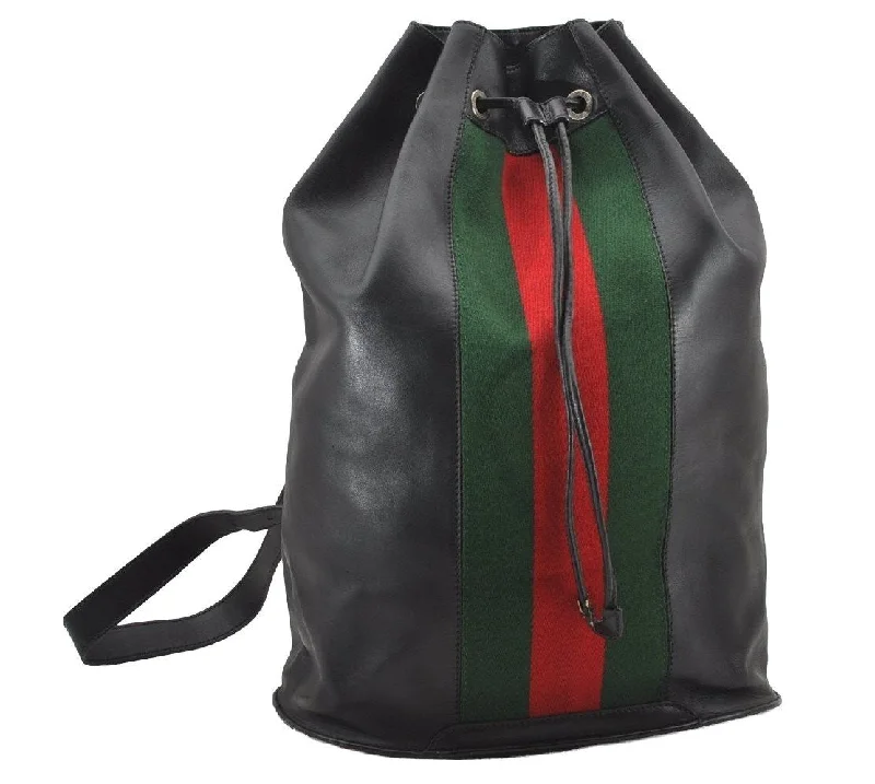 Women Gucci crossbody bags with a keychain holderAuthentic GUCCI Web Sherry Line Drawstring Backpack Leather Black Junk 9238I