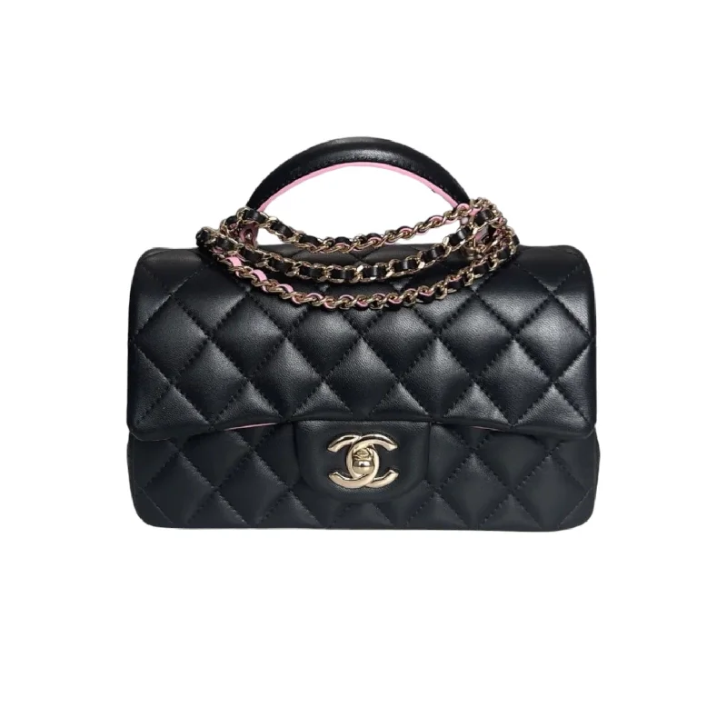 Chanel bags with iconic gold chainsBi-Color Mini Top Handle Rectangular Flap Lambskin Black Lilac GHW