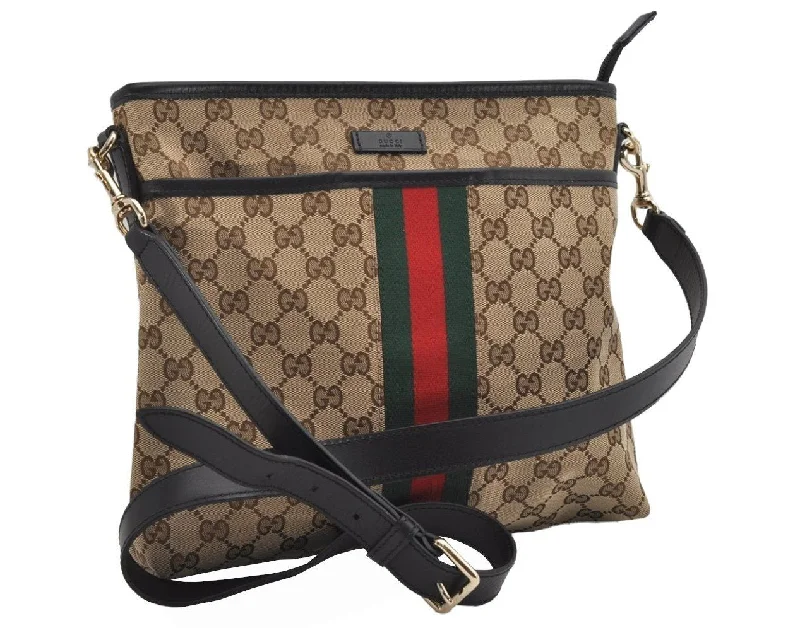 Women Gucci bags with a zip - around closure for securityAuth GUCCI Web Sherry Line Shoulder Bag GG Canvas Leather 388926 Brown 9260I