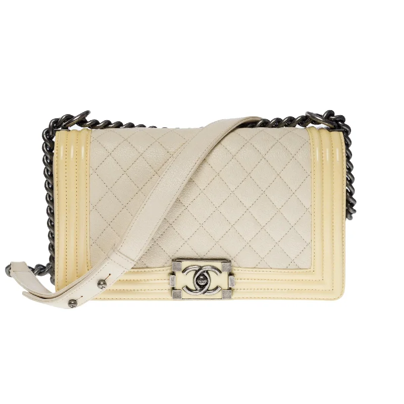 Chanel bags for women who love timeless fashionCHANEL Boy medium shoulder bag in beige caviar & Yellow patent leather, SHW