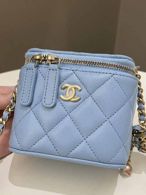 Chanel bags for women who love timeless fashionChanel Quilted Pearl Crush Mini Vanity Cube Sky Blue Lambskin