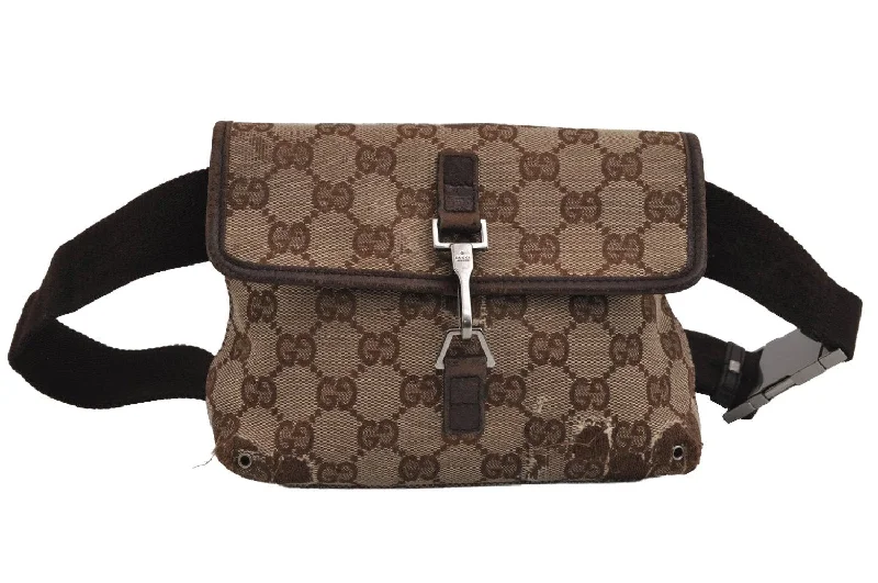 Women Gucci bags with a snap - button closure and a decorative charmAuthentic GUCCI Vintage Waist Body Bag Purse GG Canvas Leather 92543 Brown 5624J