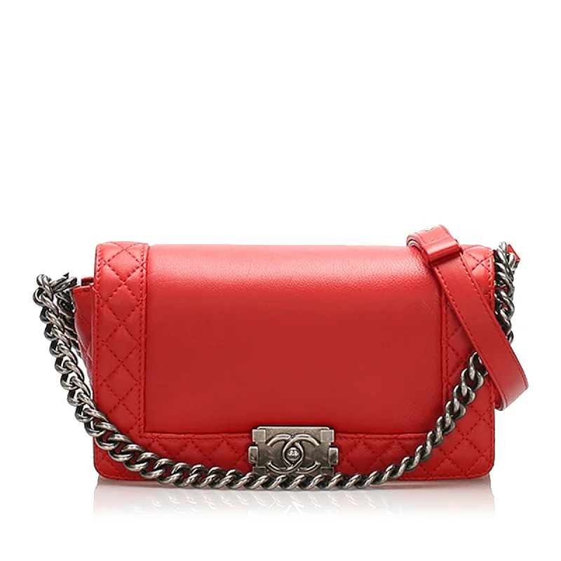 Chanel bags with gold, silver, and pearl accentsMedium Boy Lambskin Leather Flap Bag Red SHW