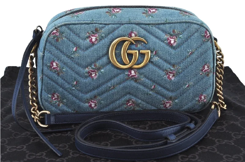 Gucci Marmont bags for women with a contrast - colored interiorAuthentic GUCCI GG Marmont Chain Shoulder Cross Body Bag Denim 447632 Blue K8880