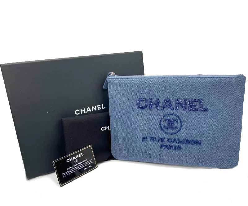 Chanel Black Handbag for Business MeetingsCHANEL Brand New Deauville Blue Denim Sequin Large Clutch