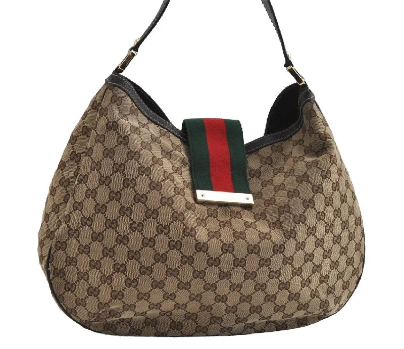 Gucci Marmont bags for women with quilted leather exteriorsAuth GUCCI Web Sherry Line Shoulder Bag GG Canvas Leather 233604 Brown 9071I