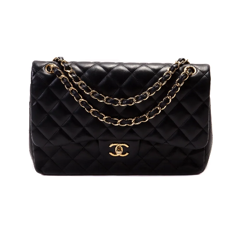 Chanel Chain Strap Handbag for Everyday UseClassic Double Flap Lambskin Jumbo Black with GHW